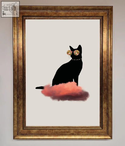 Black cat cloud cat framed poster with gold rim sunglasses and pearl necklace sitting on pink cloud in gold frame