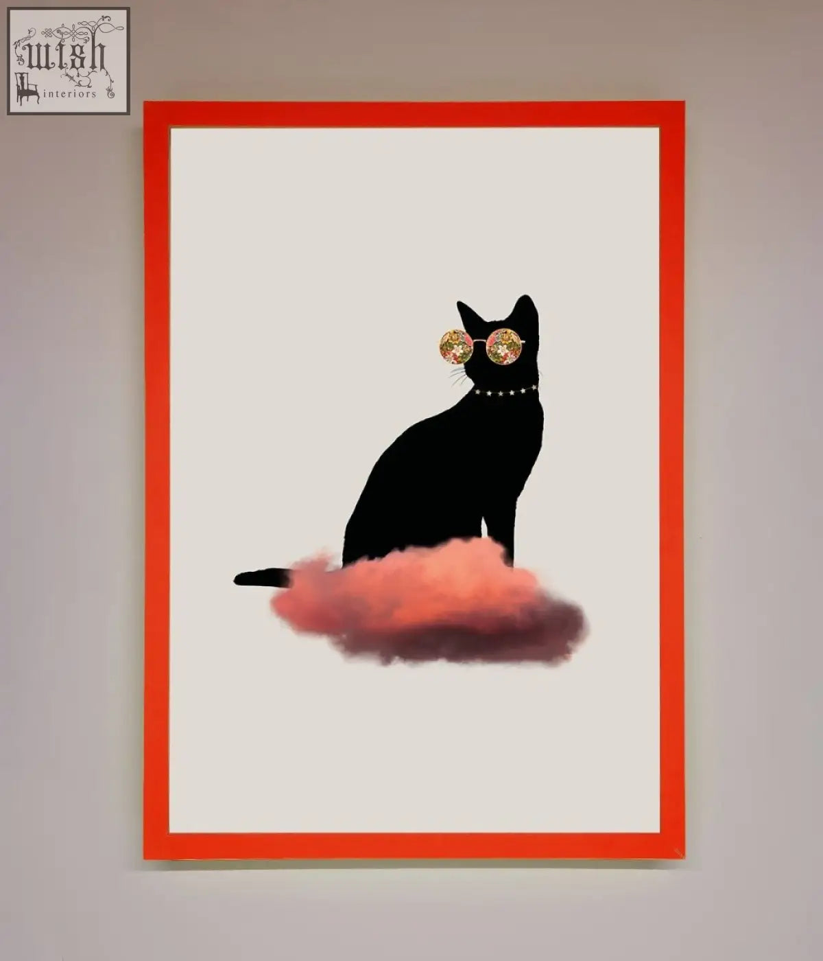A cloud cat framed poster featuring a black cat silhouette with gold sunglasses sitting on a pink cloud against white background