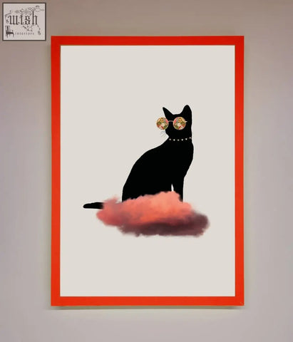 A cloud cat framed poster featuring a black cat silhouette with gold sunglasses sitting on a pink cloud against white background