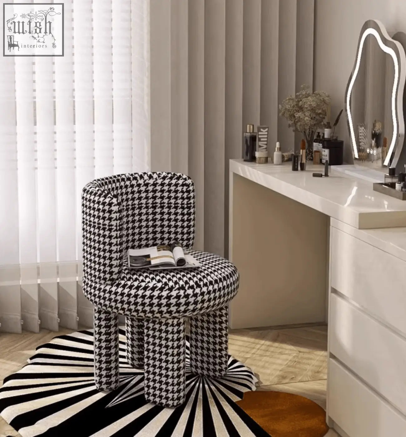 Cloud dressing stool with black and white houndstooth fabric and rounded backrest on four tapered legs