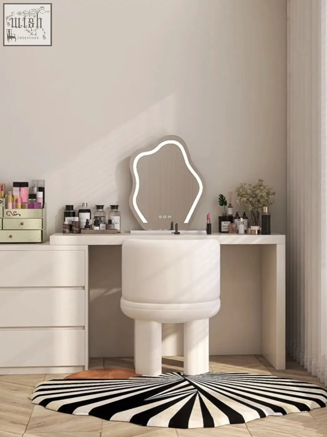 White modern vanity mirror with glowing led light frame and cloud dressing stool with organic shape