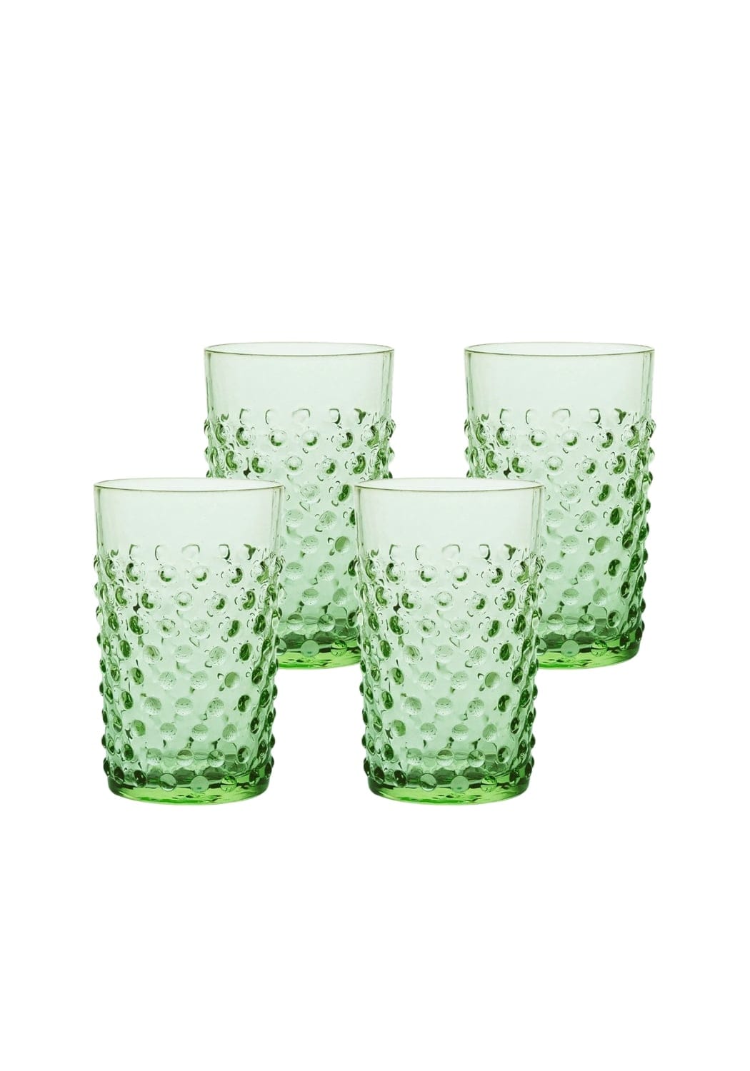 Set of four translucent green glass dew drop tumblers with textured bubble pattern perfect for everyday use