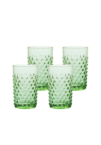 Set of four translucent green glass dew drop tumblers with textured bubble pattern perfect for everyday use