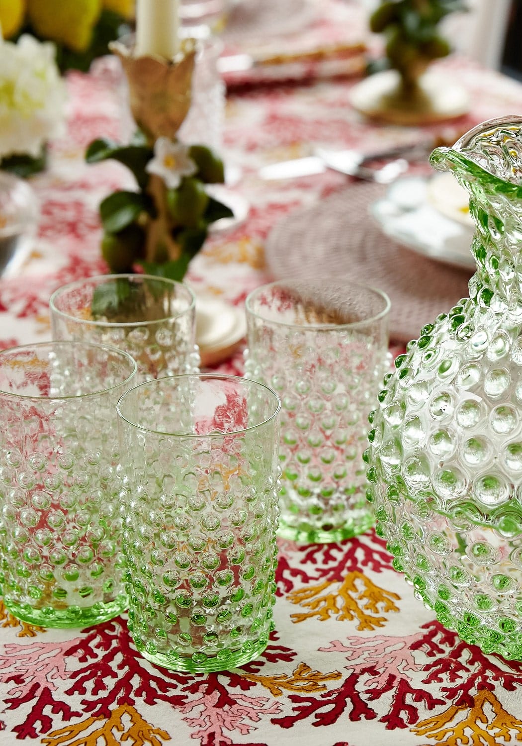 Green dew drop textured glass pitcher with matching dew drop tumblers perfect for refreshing drinks