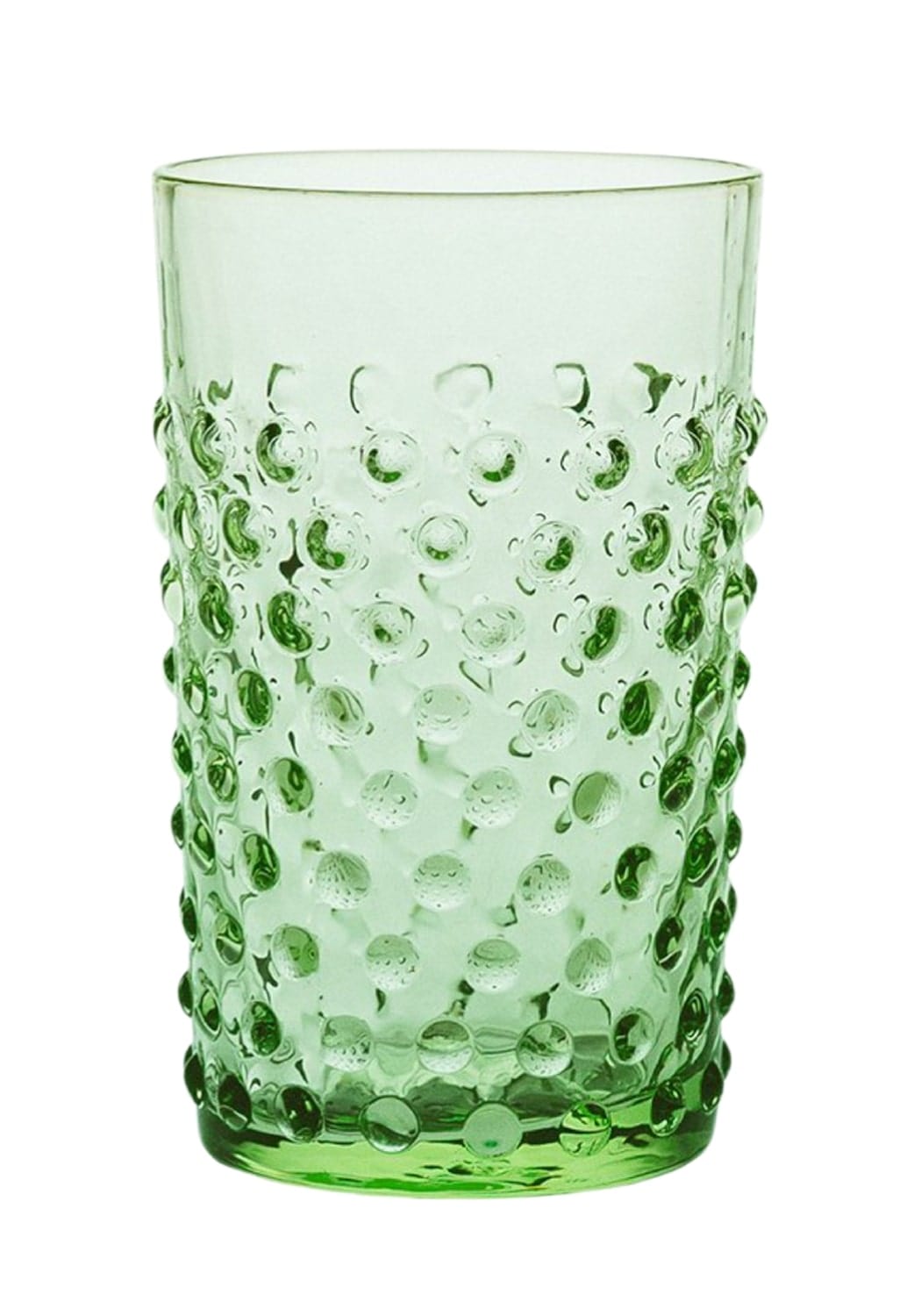 A set of 4 green dew drop tumblers made of translucent glass with raised rounded bumps on the sides