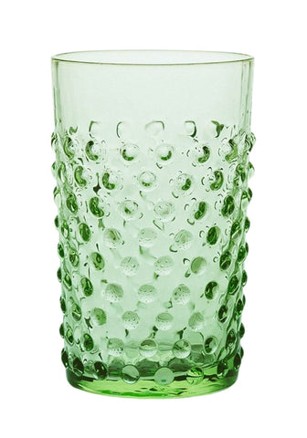 A set of 4 green dew drop tumblers made of translucent glass with raised rounded bumps on the sides