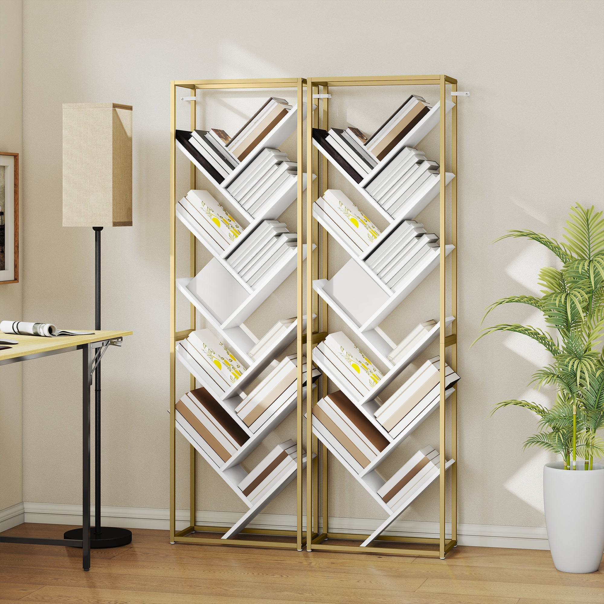 HOMCOM 10 Shelf Modern-Style Bookshelf - Gold Tone/White