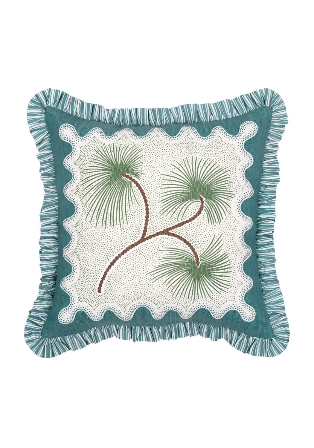 Teal coastal cabana cushion cover with embroidered pine branches on cream fabric and ruffled trim