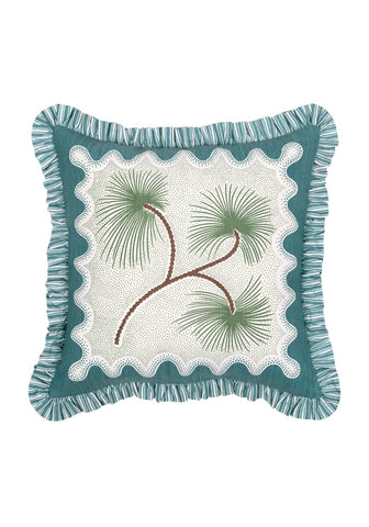 Teal coastal cabana cushion cover with embroidered pine branches on cream fabric and ruffled trim