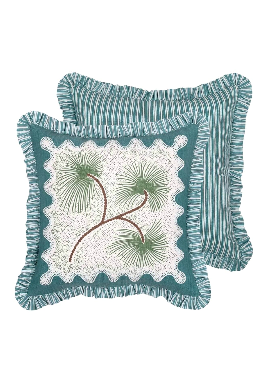 Teal and white striped coastal cabana cushion cover with embroidered pine branch design for a fresh beach vibe