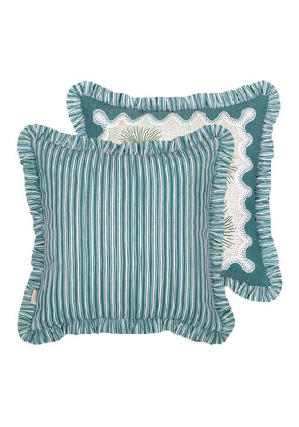 Teal and white striped coastal cabana cushion cover with ruffled edges and decorative embroidered design