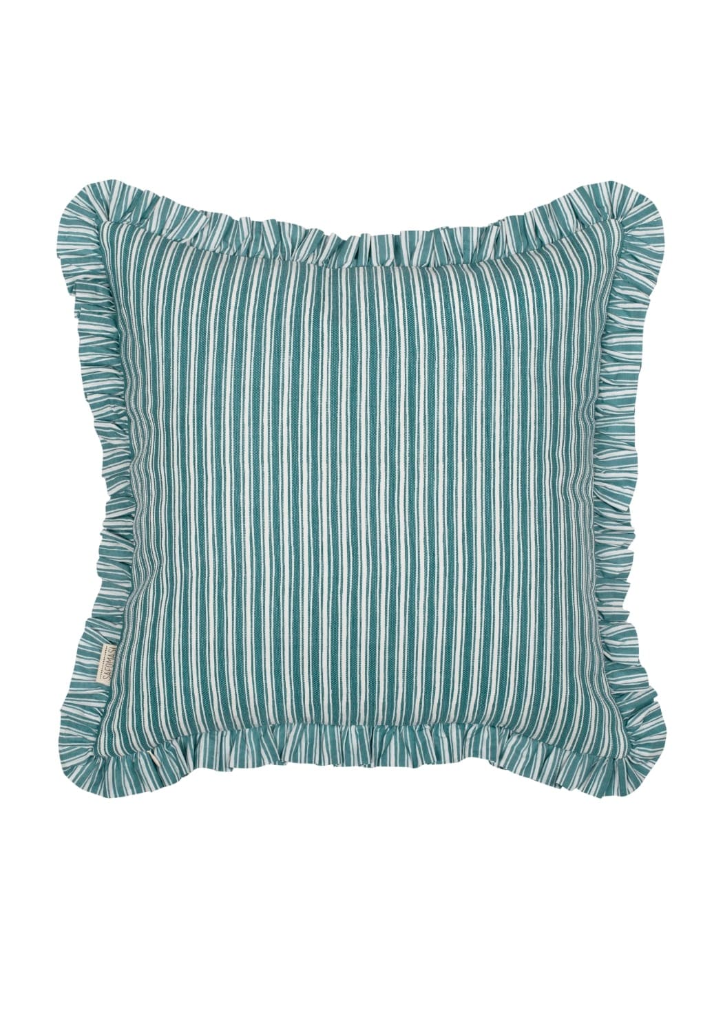 Teal and white vertically striped coastal cabana cushion cover with ruffled edge for a beachy vibe