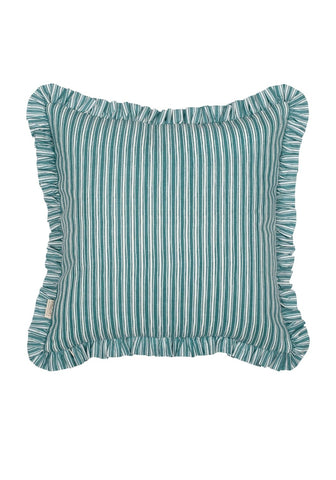 Teal and white vertically striped coastal cabana cushion cover with ruffled edge for a beachy vibe