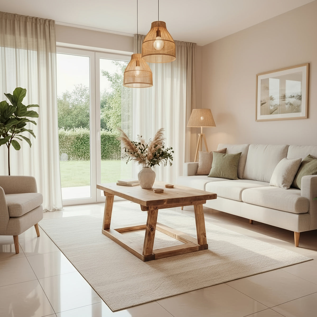 Light beige ceramic vase with matte finish holding pampas grass on coav rustic wooden coffee table pictured table