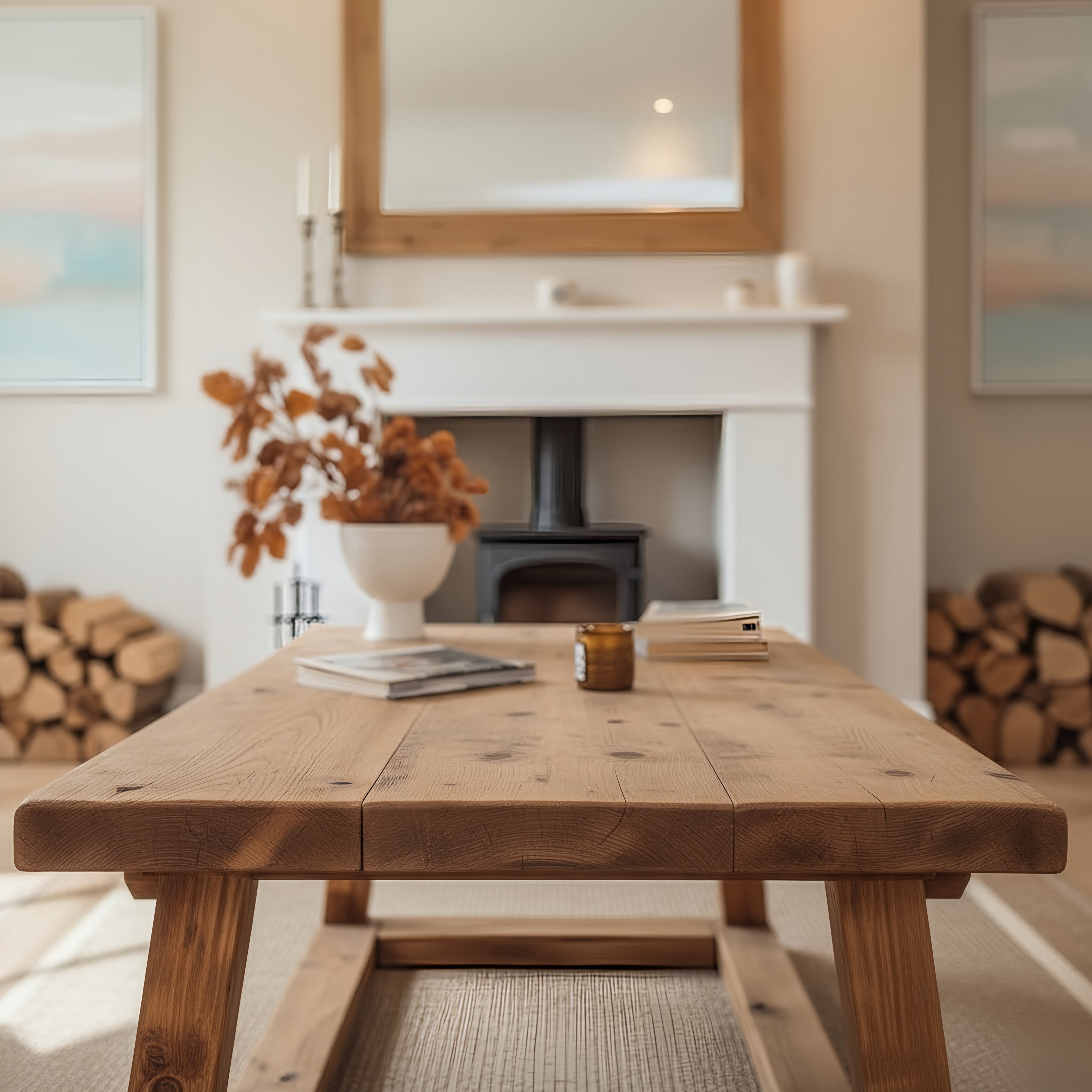 Coav rustic wooden coffee table with natural finish and sturdy thick legs in a relaxed living room setting