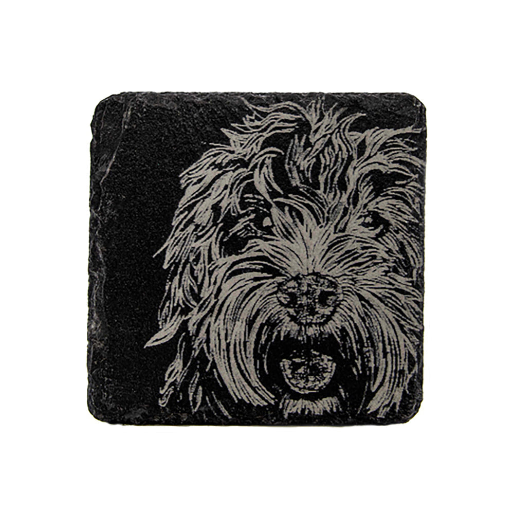 Black slate single slate coaster with intricately engraved silver-toned cockapoo portrait in raised relief