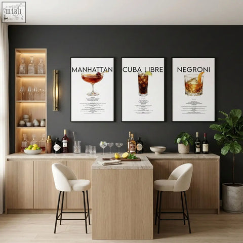 Three framed cocktail recipe posters of manhattan cuba libre and negroni on dark gray wall bar wall art set of 3