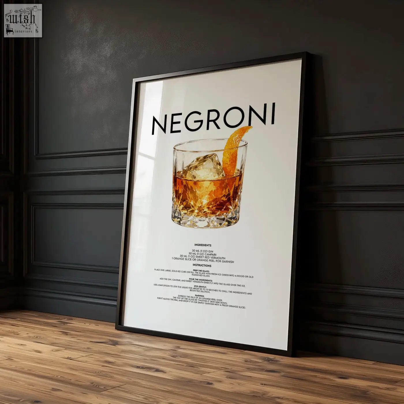 Framed bar wall art featuring a negroni cocktail illustration with ice and orange twist on a clean white background
