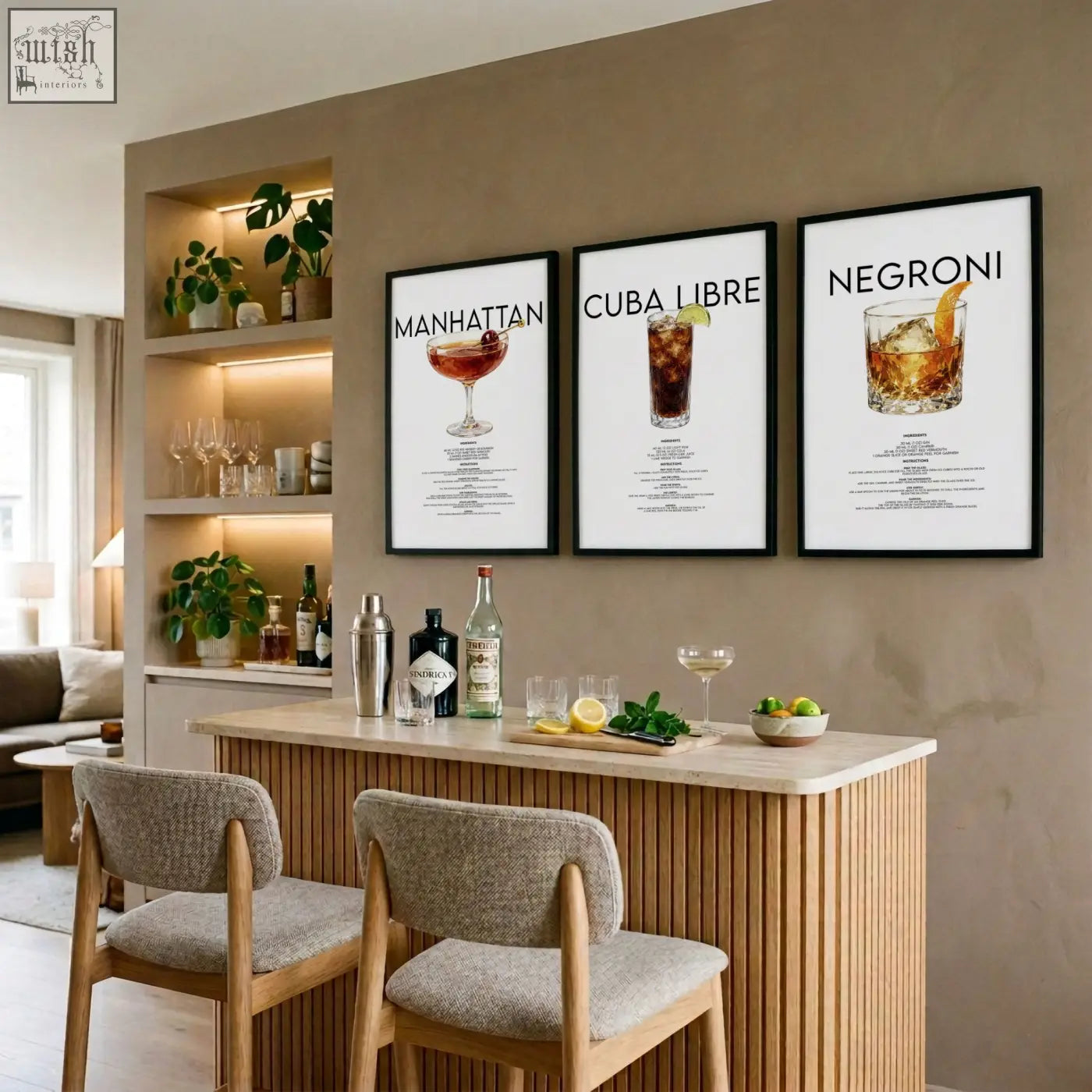 Three framed cocktail bar wall art prints featuring manhattan cuba libre and negroni recipes with bold black text