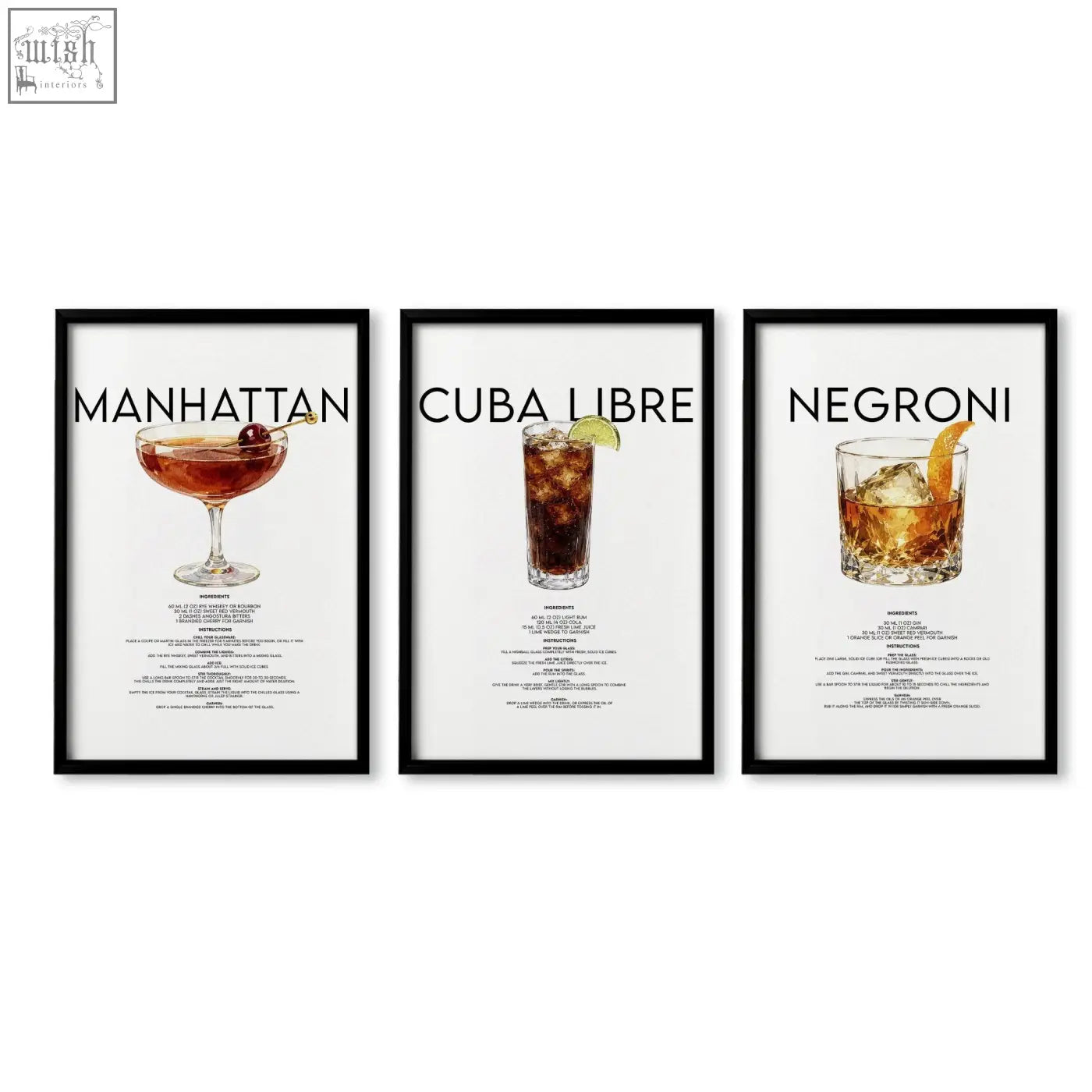 Set of three framed cocktail recipe posters manhattan cuba libre and negroni in black frames perfect for bar wall art