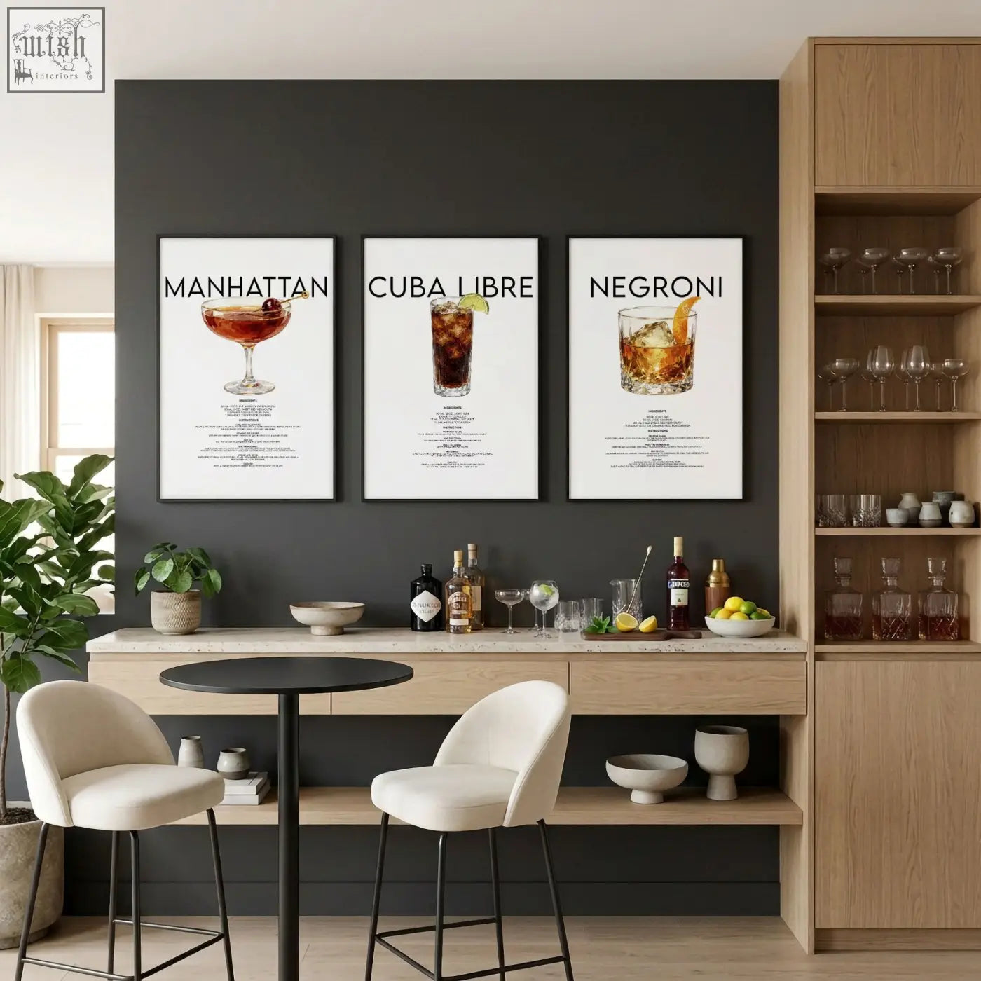 Three framed cocktail recipe posters featuring manhattan cuba libre and negroni drinks for stylish bar wall art