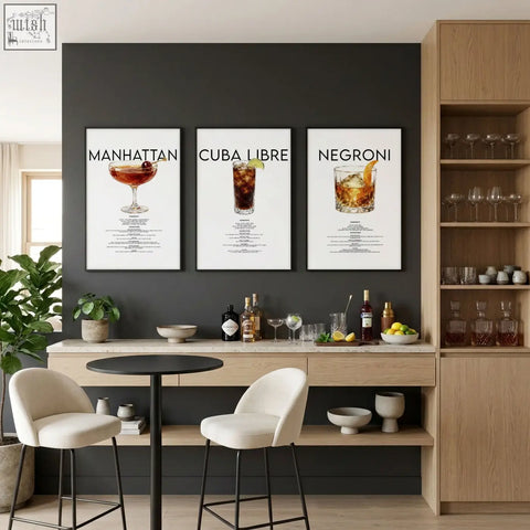 Three framed cocktail recipe posters featuring manhattan cuba libre and negroni drinks for stylish bar wall art