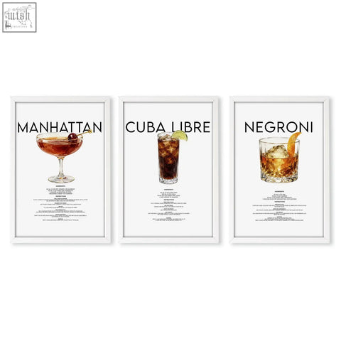 Three framed cocktail recipe posters featuring manhattan, cuba libre, and negroni for stylish bar wall art decor