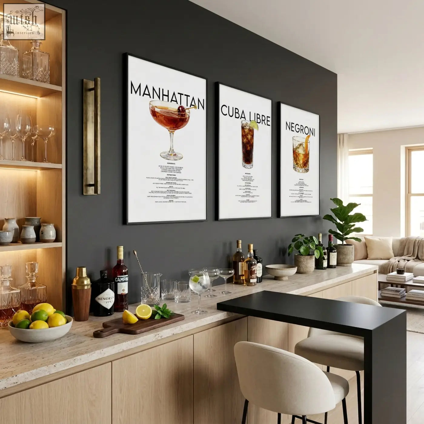 Three framed cocktail bar wall art prints featuring manhattan cuba libre and negroni recipes on white background