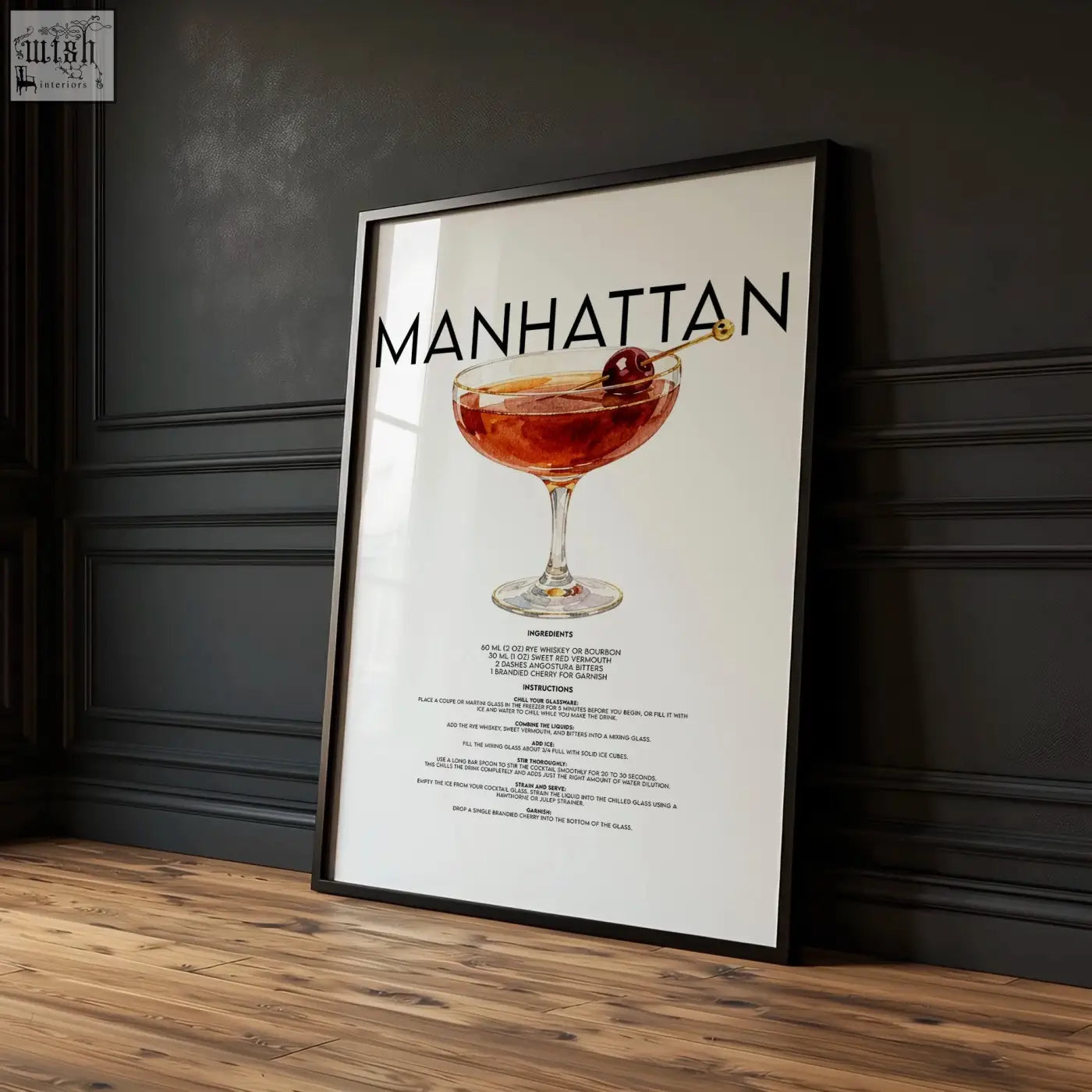 Framed minimalist manhattan cocktail illustration in black and white bar wall art print for cocktail bar decor