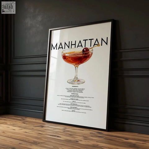 Framed minimalist manhattan cocktail illustration in black and white bar wall art print for cocktail bar decor