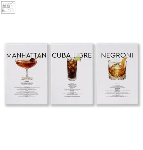 Set of three white-framed cocktail bar wall art prints featuring manhattan cuba libre and negroni recipes with black text