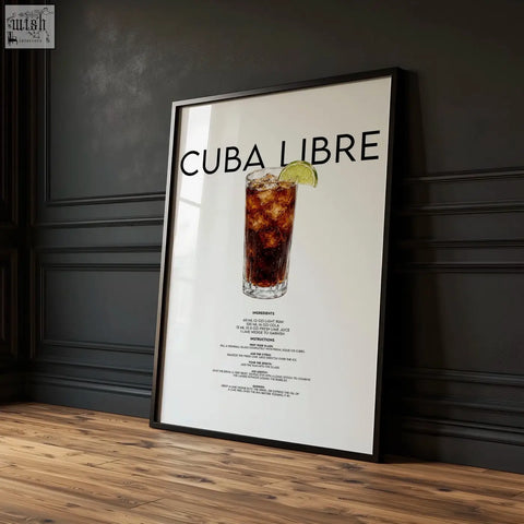 A framed bar wall art poster with a cuba libre cocktail recipe and bold black text featuring a lime garnish illustration