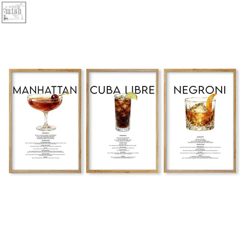 Three framed cocktail recipe posters featuring manhattan cuba libre and negroni drinks perfect for bar wall art decor