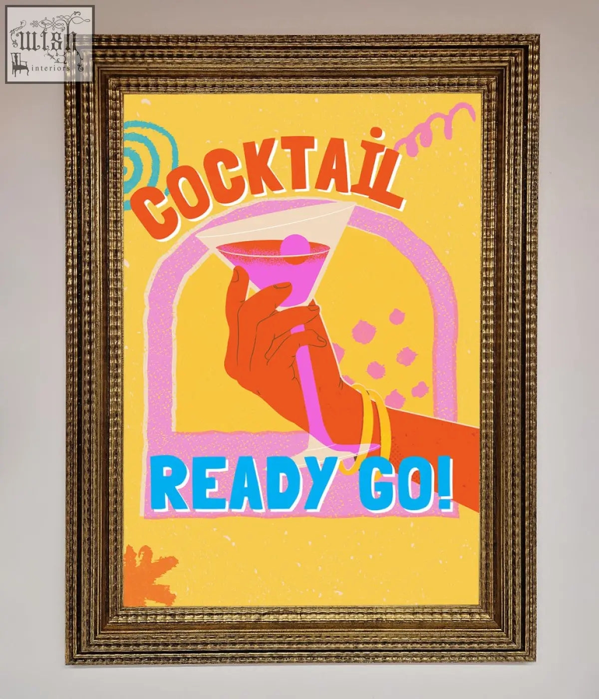 A vibrant yellow framed poster with a stylized hand holding a pink cocktail and cocktail ready text, chic wall art