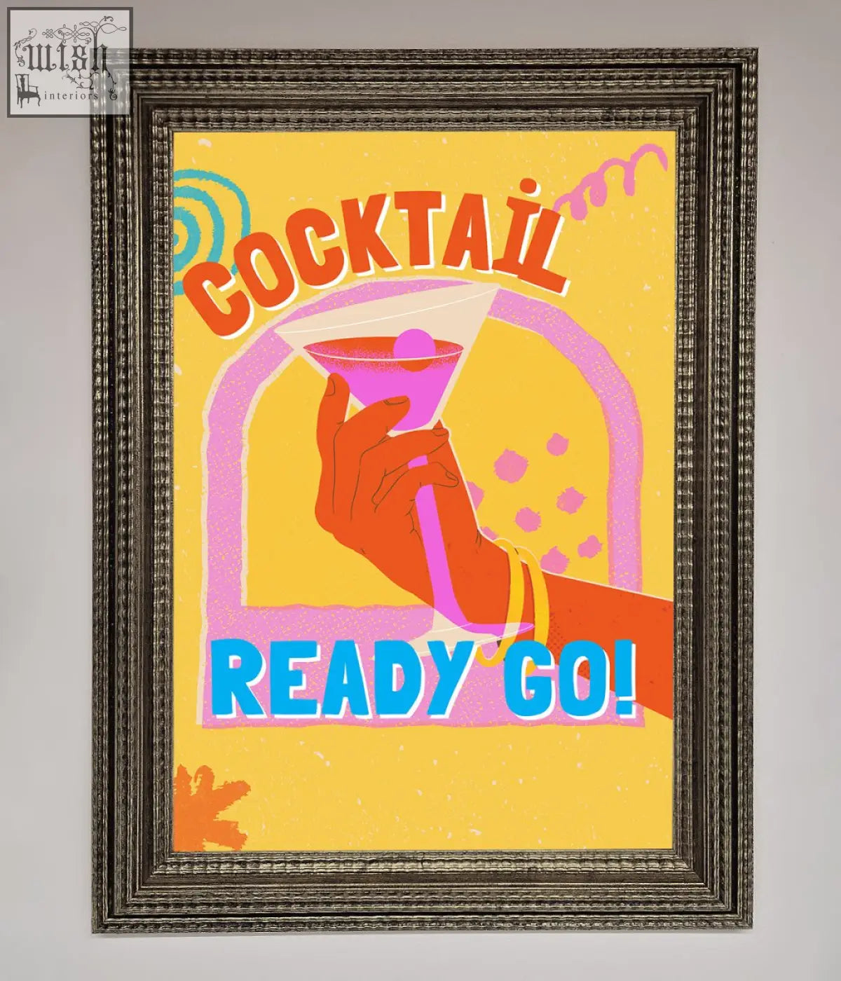Vibrant yellow cocktail ready framed poster in textured silver frame perfect chic wall art for any space