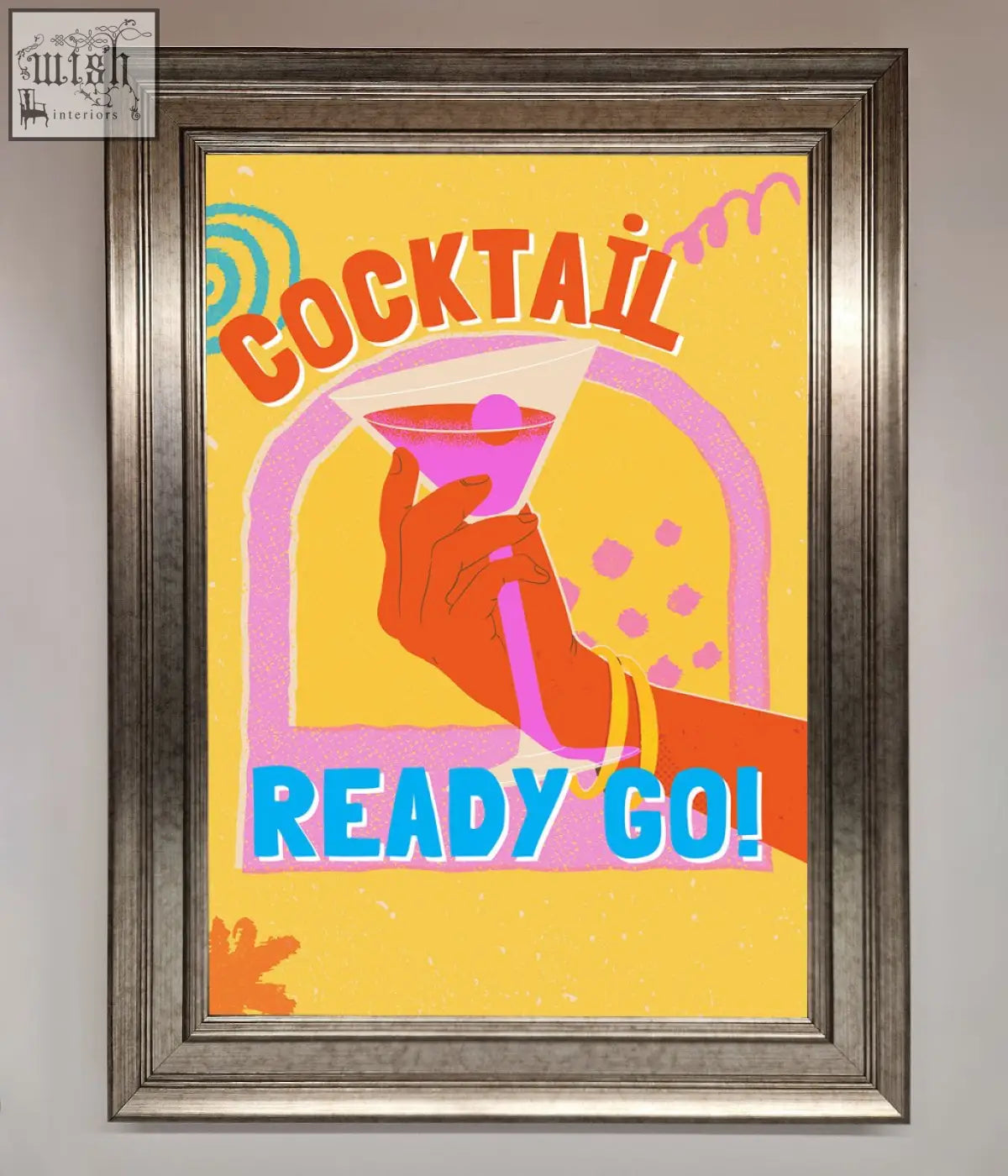 Vibrant yellow cocktail ready framed poster with bold orange and blue text and a hand holding a purple martini glass chic wall art
