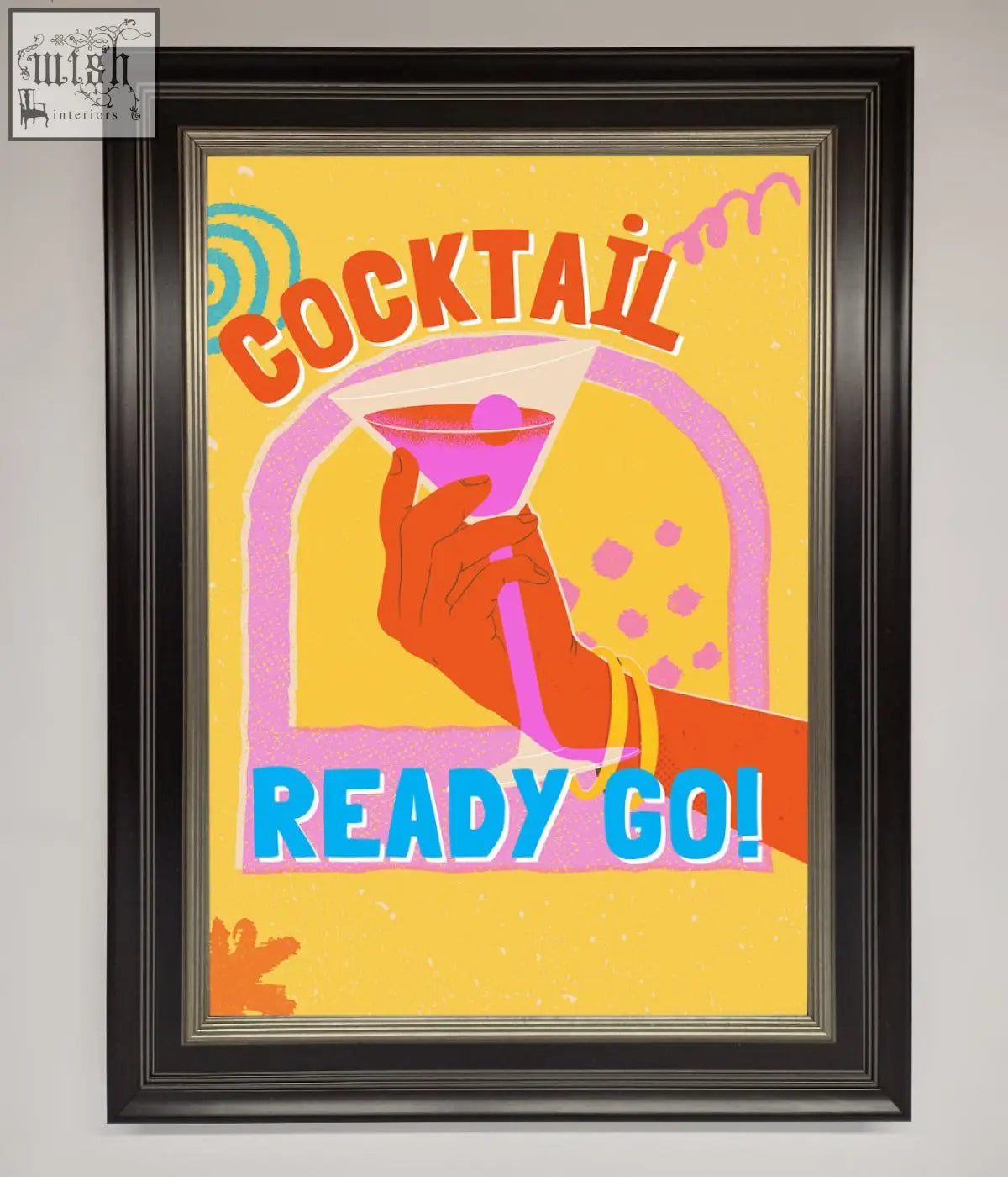 Vibrant retro-style cocktail ready framed poster with a hand holding a purple martini glass against yellow background chic wall art