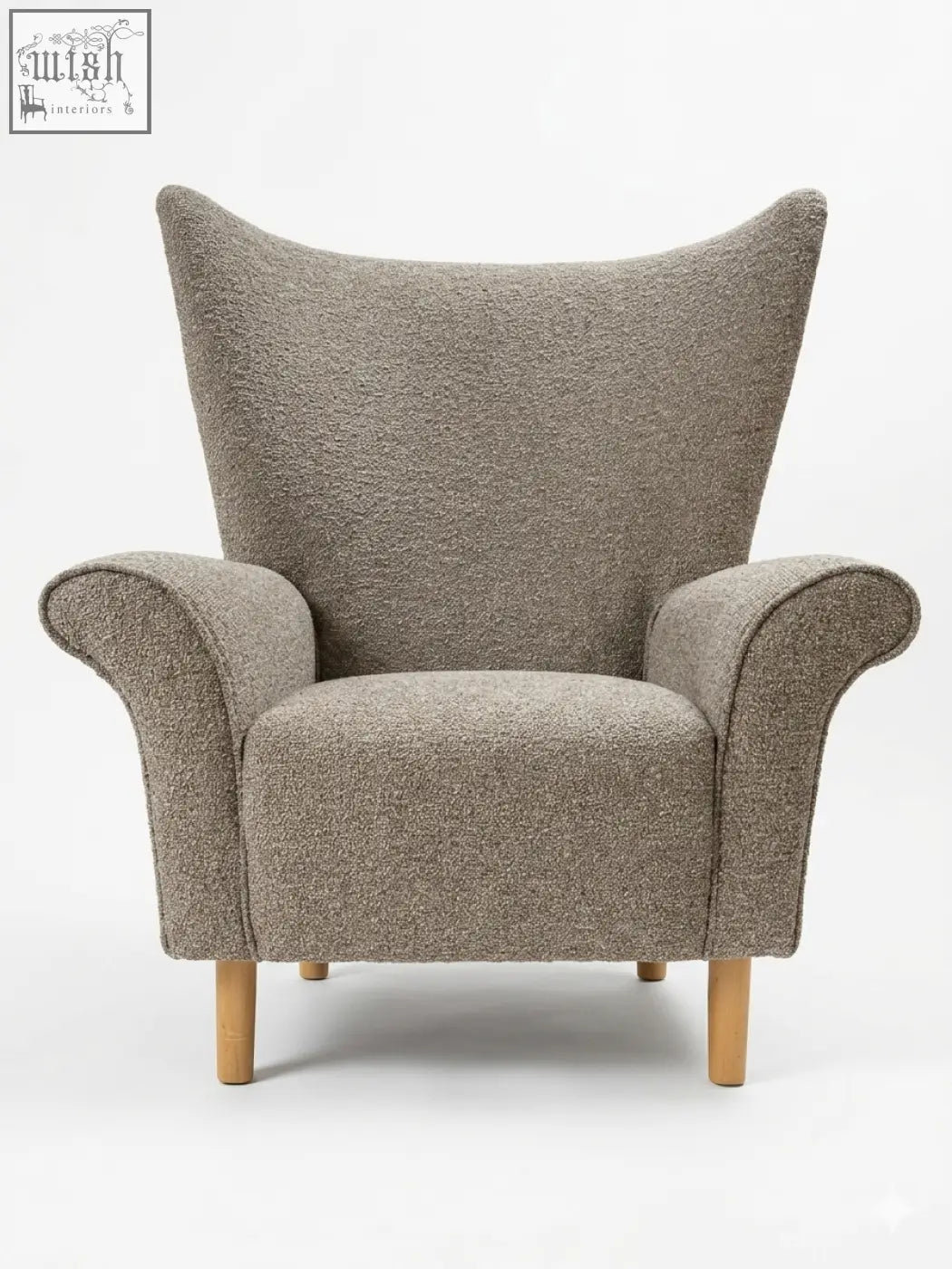 Cozy taupe coco wing chair with textured fabric and curved solid beech wooden legs for stylish comfort