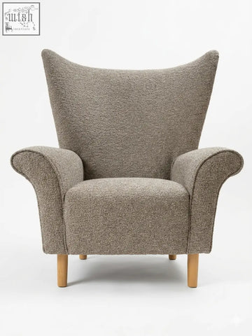 Cozy taupe coco wing chair with textured fabric and curved solid beech wooden legs for stylish comfort