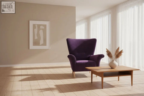 Purple velvet coco wing chair with high back and rolled arms made of solid beech wood for stylish comfort