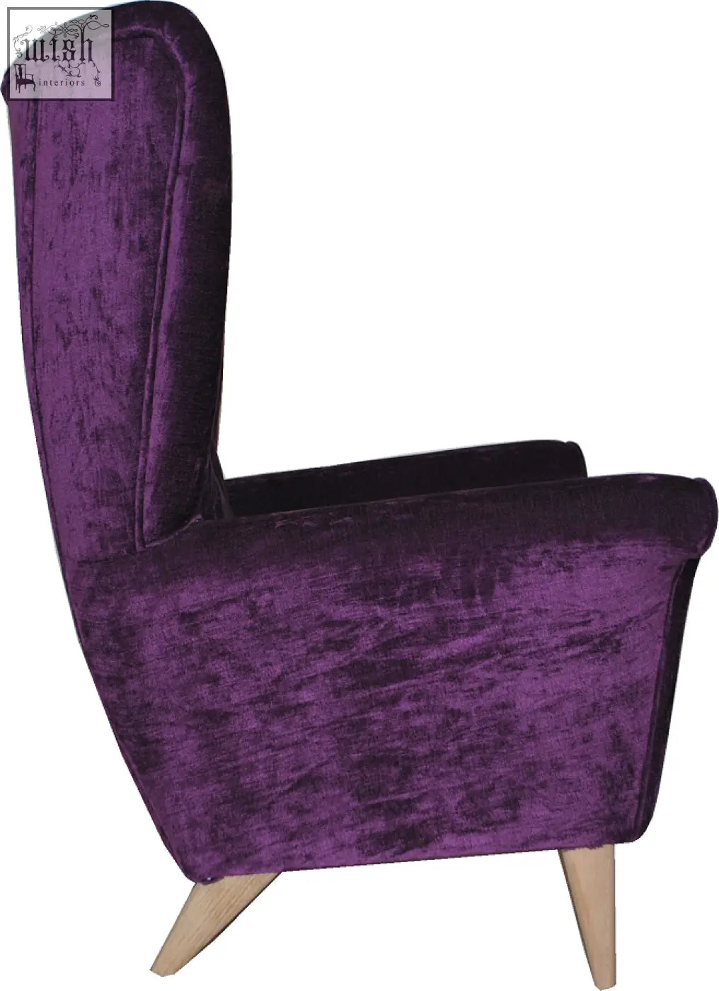 Purple velvet coco wing chair with wooden legs perfect for cozy living spaces and stylish seating