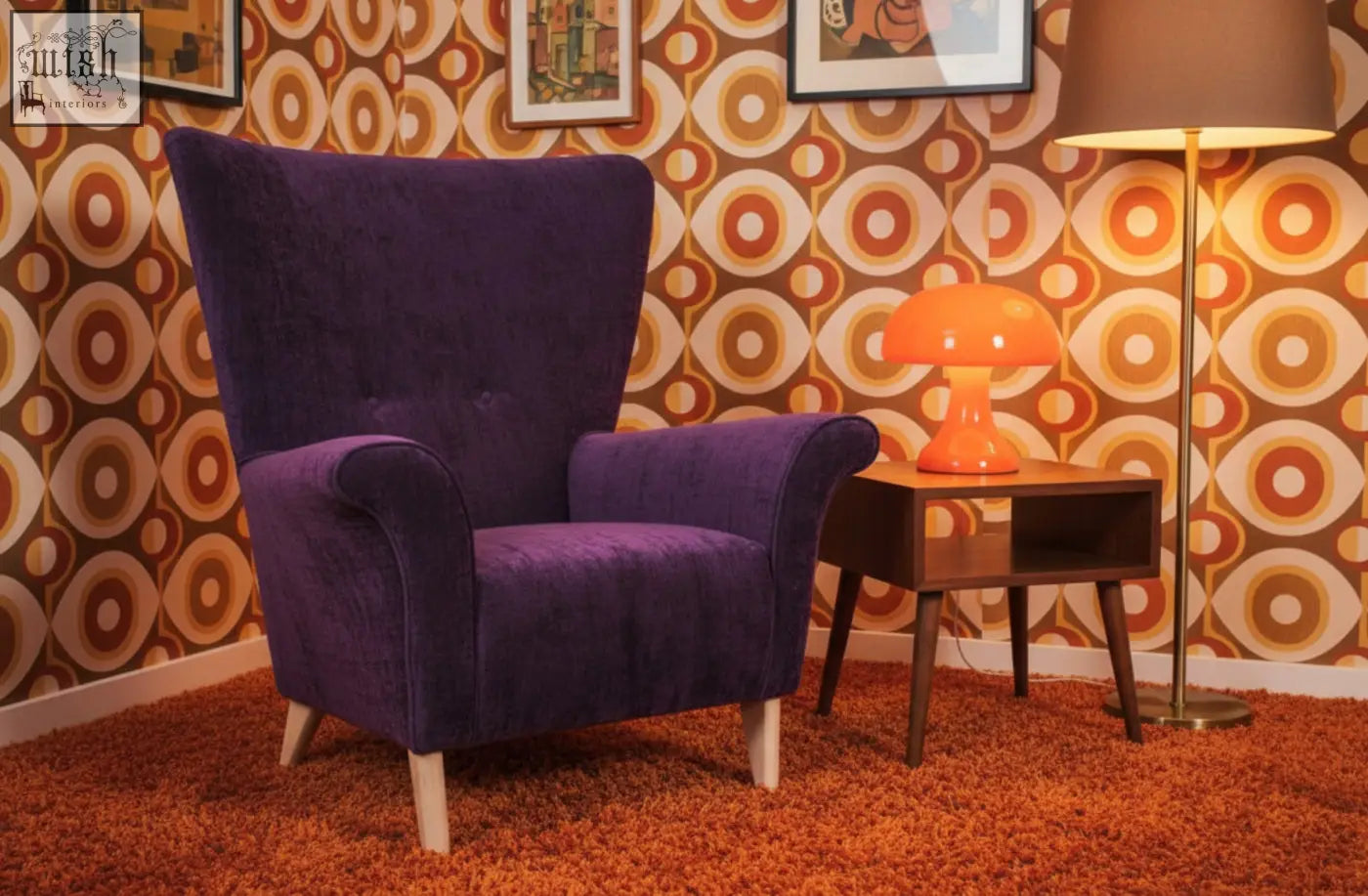 Purple velvet coco wing chair with light wood legs perfect for stylish living room seating