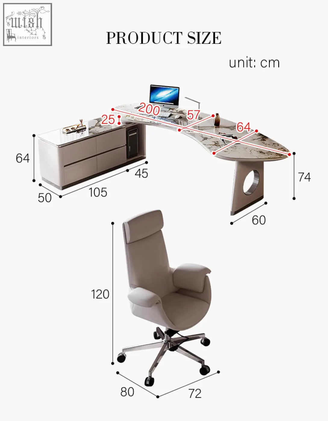 Modern coelho corner office desk with sintered stone marble top and silver frame paired with beige executive chair