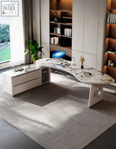 Modern coelho corner office desk with white sintered stone top and sleek minimalist legs for stylish workspace