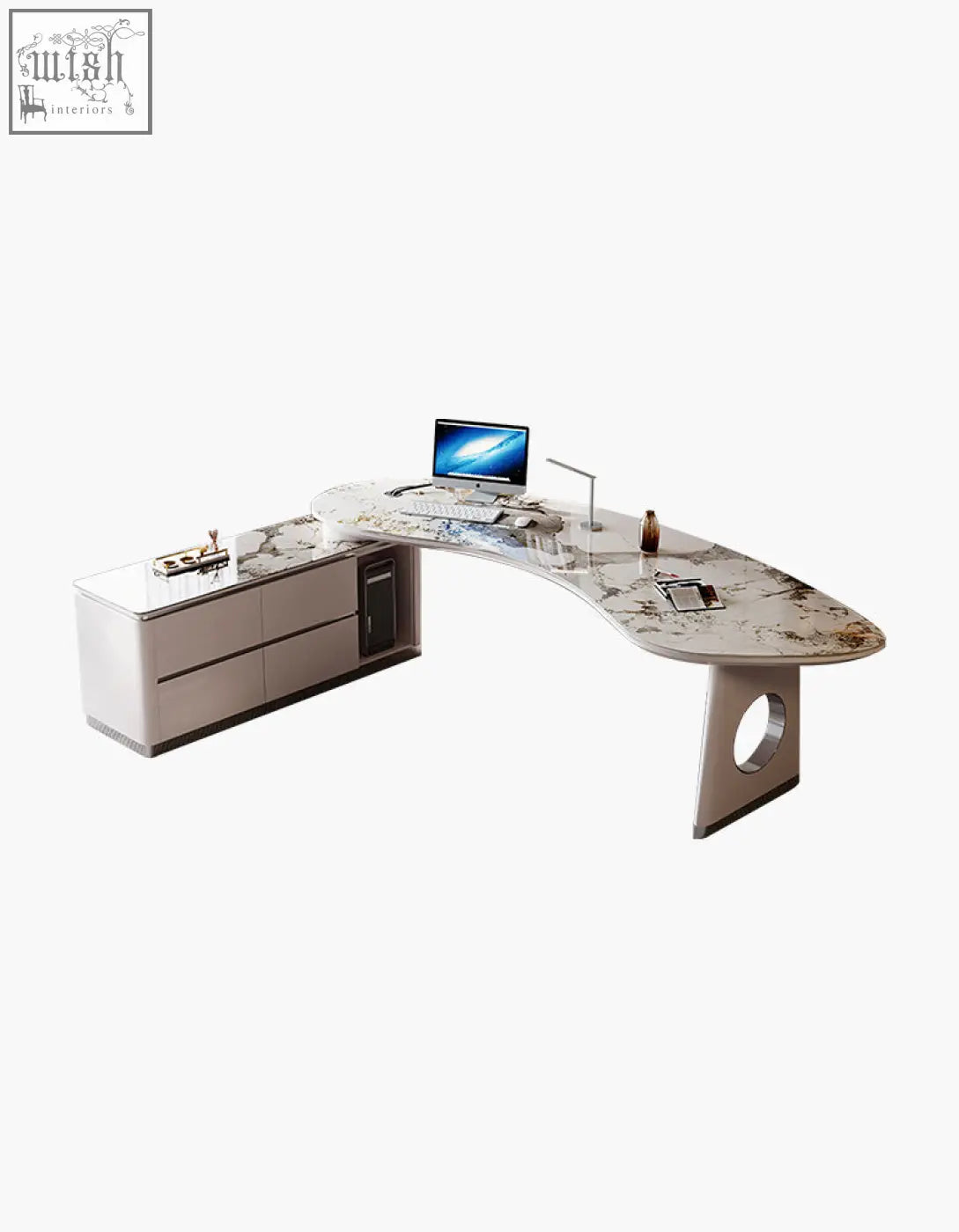 Modern coelho corner office desk with sintered stone white marble top and silver metal legs with storage drawers