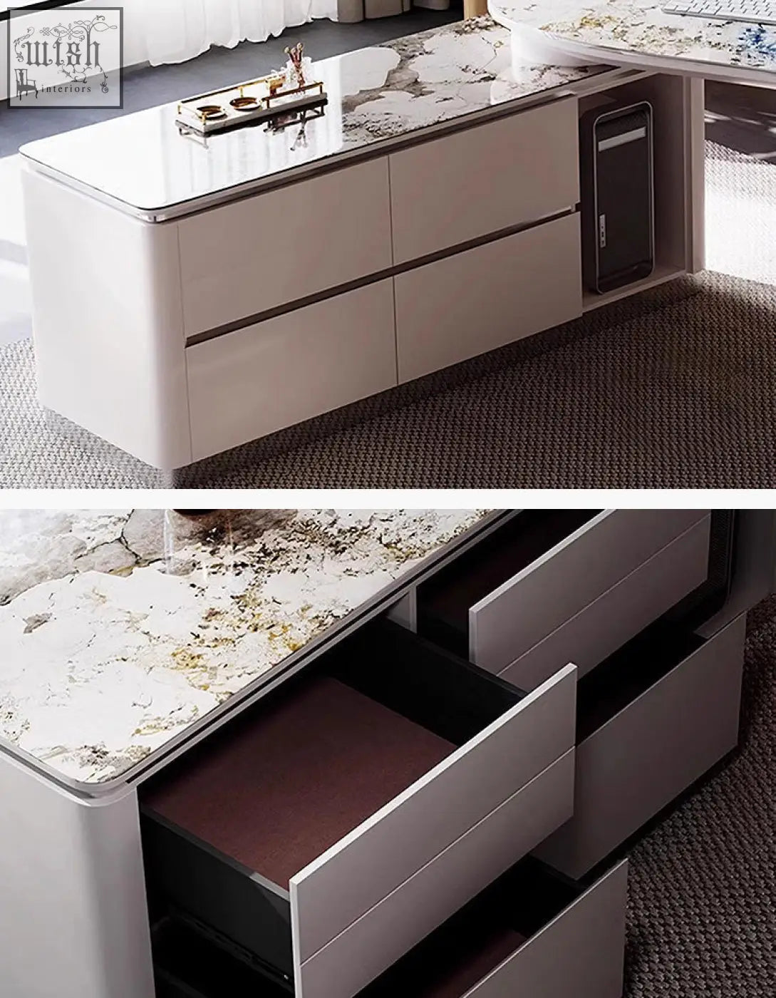 Modern white lacquered coelho corner office desk with sintered stone marble top and integrated drawer storage