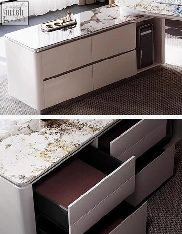Modern white lacquered coelho corner office desk with sintered stone marble top and integrated drawer storage