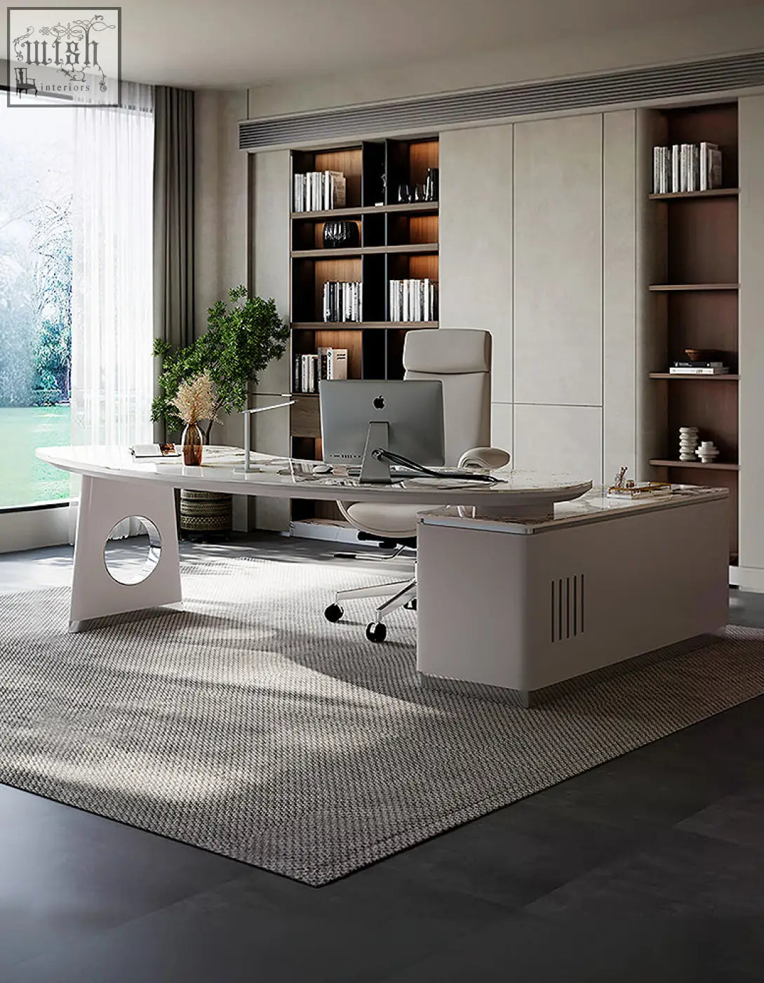Modern white coelho corner office desk with sintered stone top and integrated storage featuring a circular cutout leg