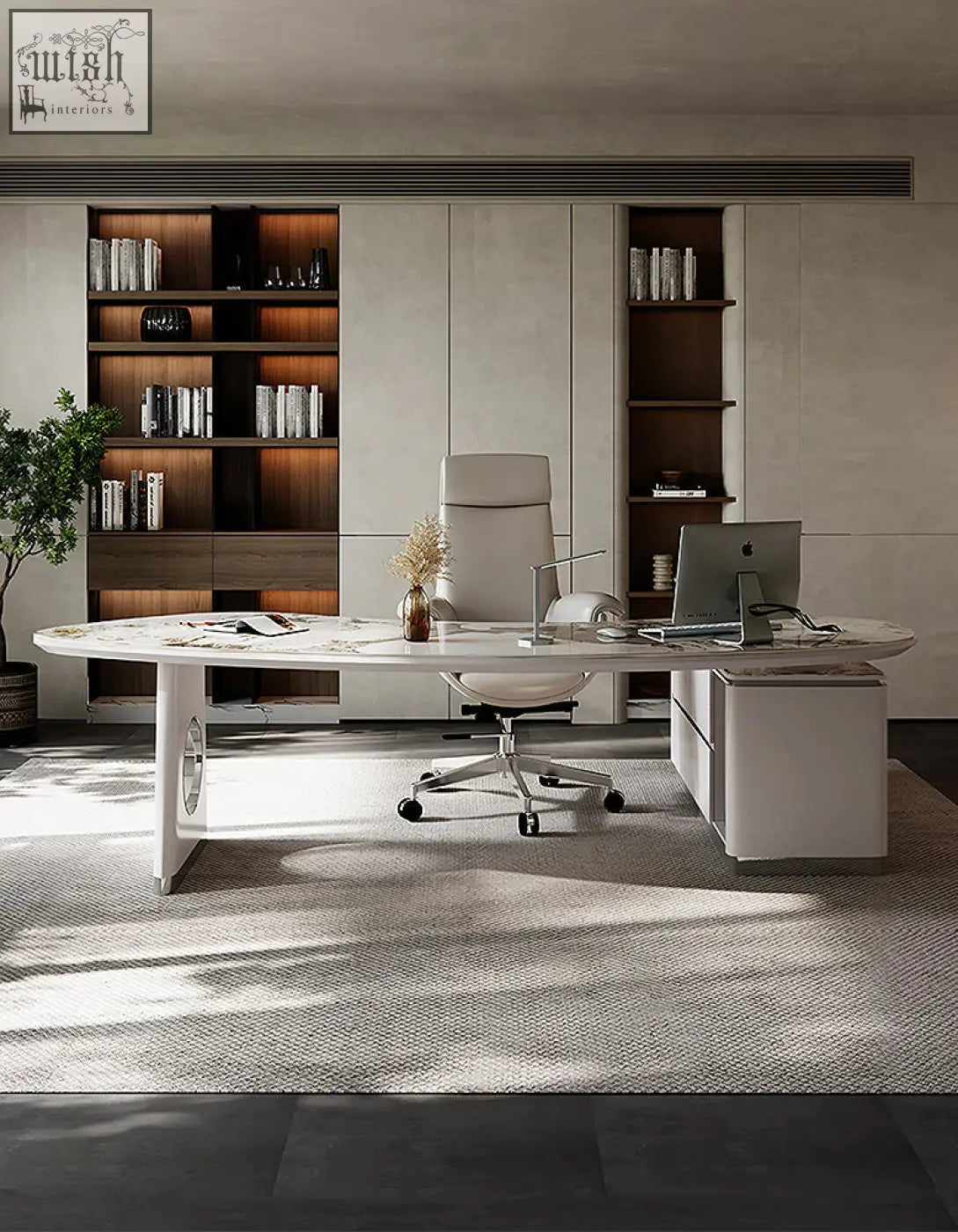 Modern white marble coelho corner office desk with sleek legs and sintered stone integrated storage drawers