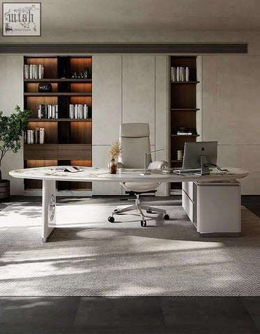 Modern white marble coelho corner office desk with sleek legs and sintered stone integrated storage drawers